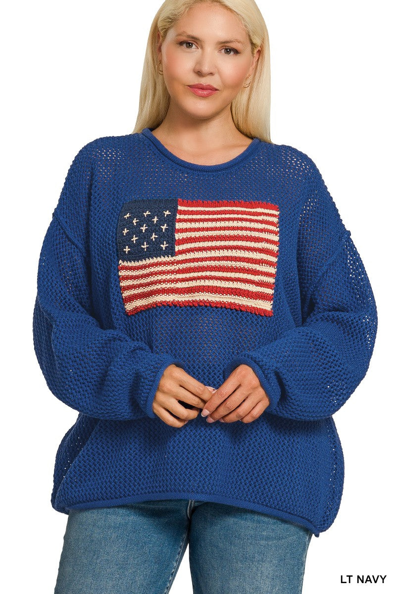 Plus American Flag Crew Neck Sweater