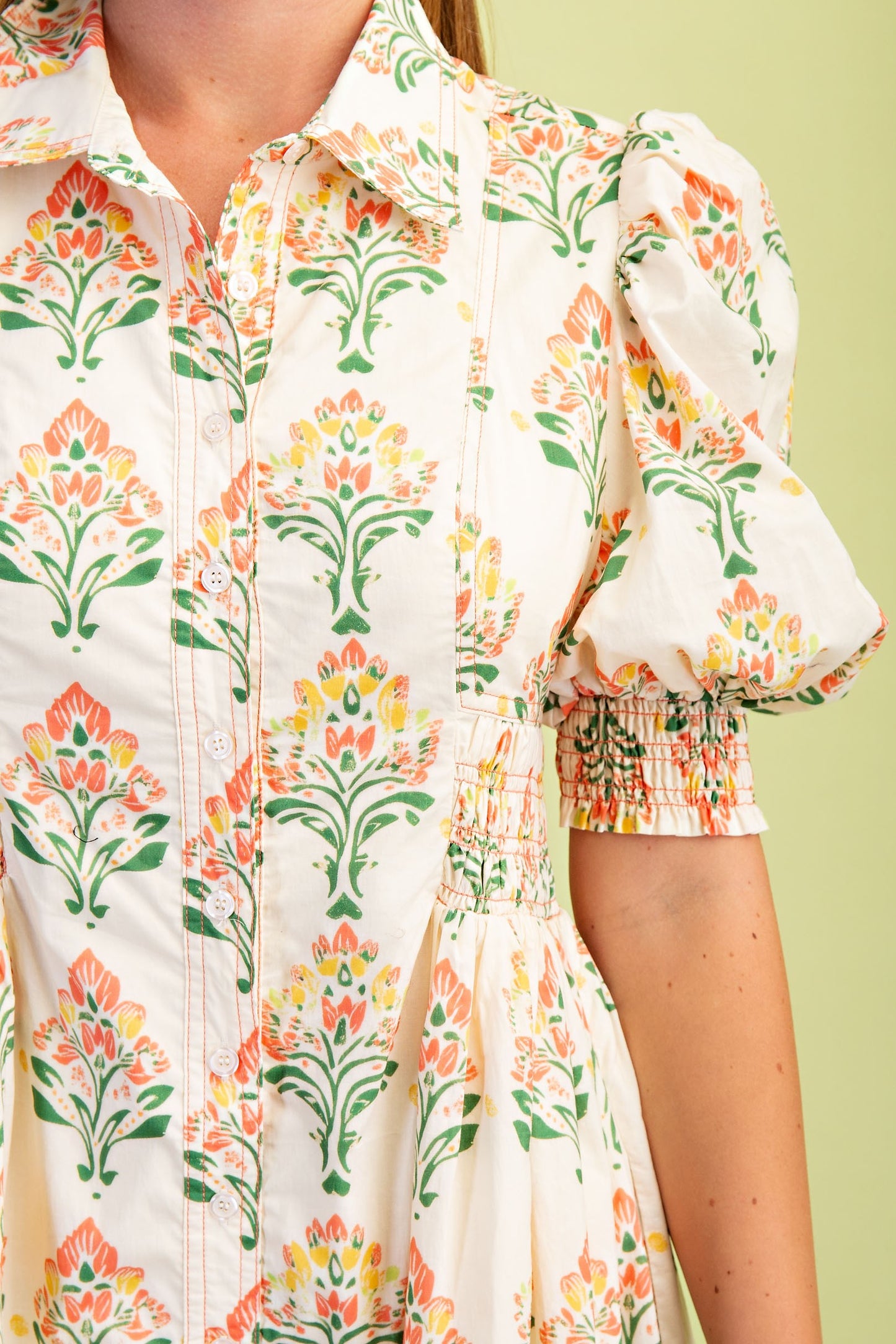 Floral Print Puff Sleeve Midi Shirt Dress