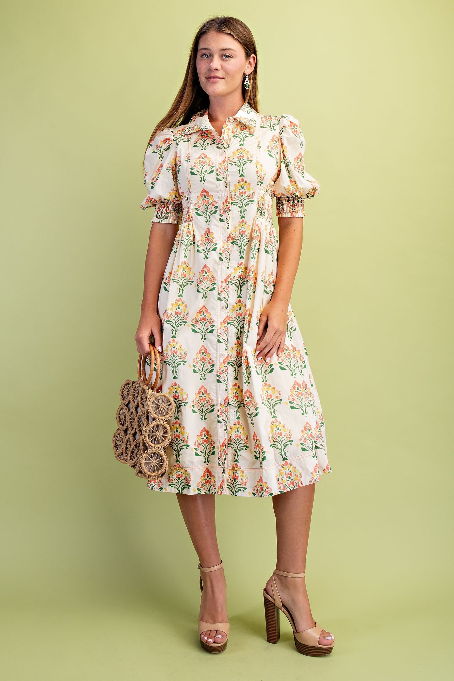 Floral Print Puff Sleeve Midi Shirt Dress
