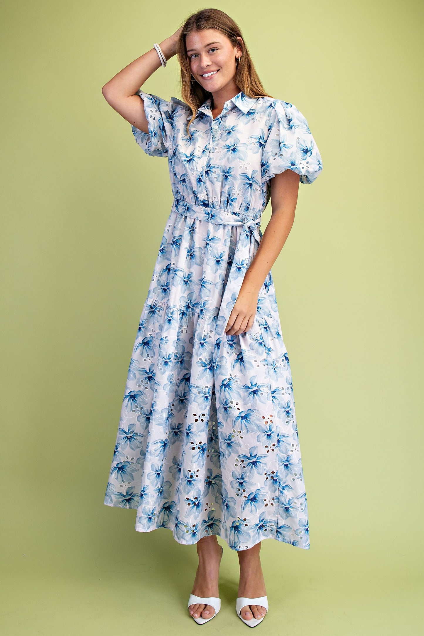 Floral Eyelet Half Button Midi Shirt Dress