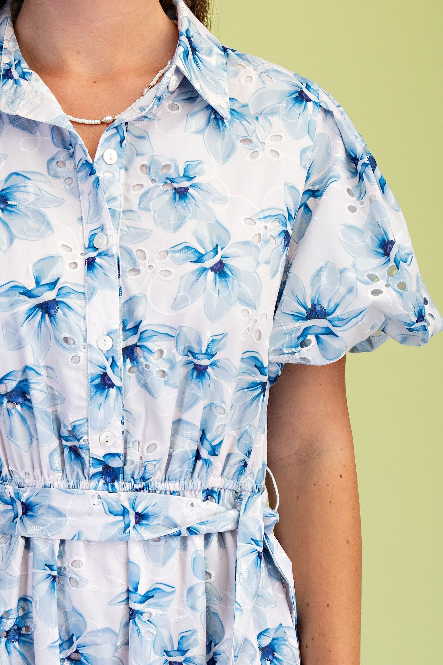 Floral Eyelet Half Button Midi Shirt Dress