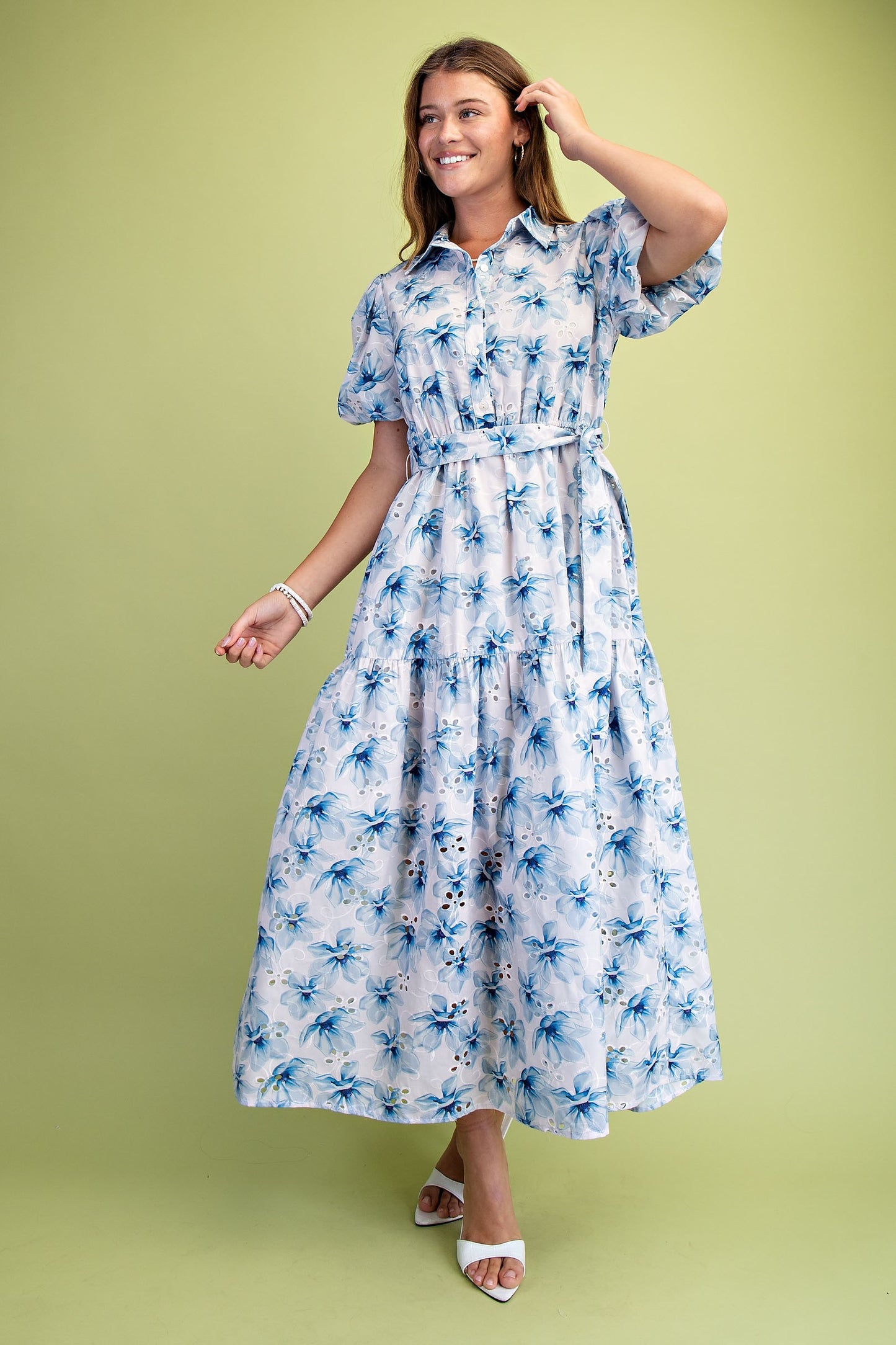 Floral Eyelet Half Button Midi Shirt Dress