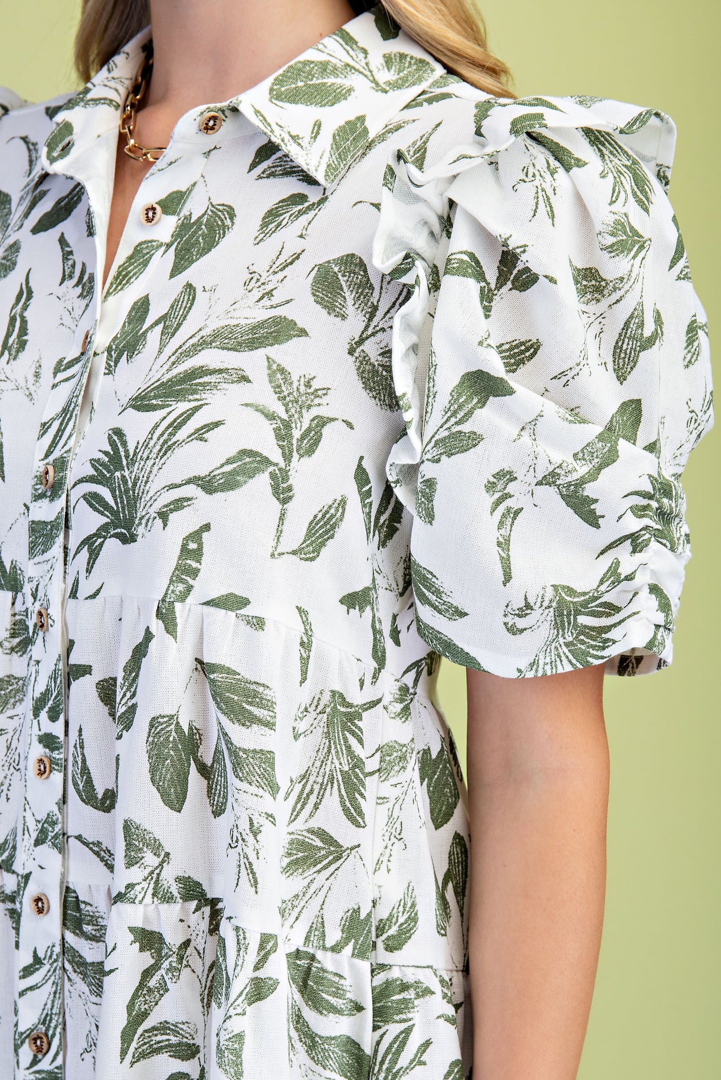 Leaf Print Button Up Shirt Dress