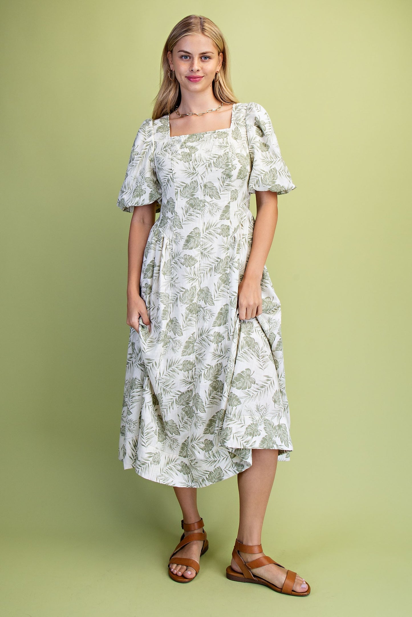 Palm Print Square Neck Midi Dress Green