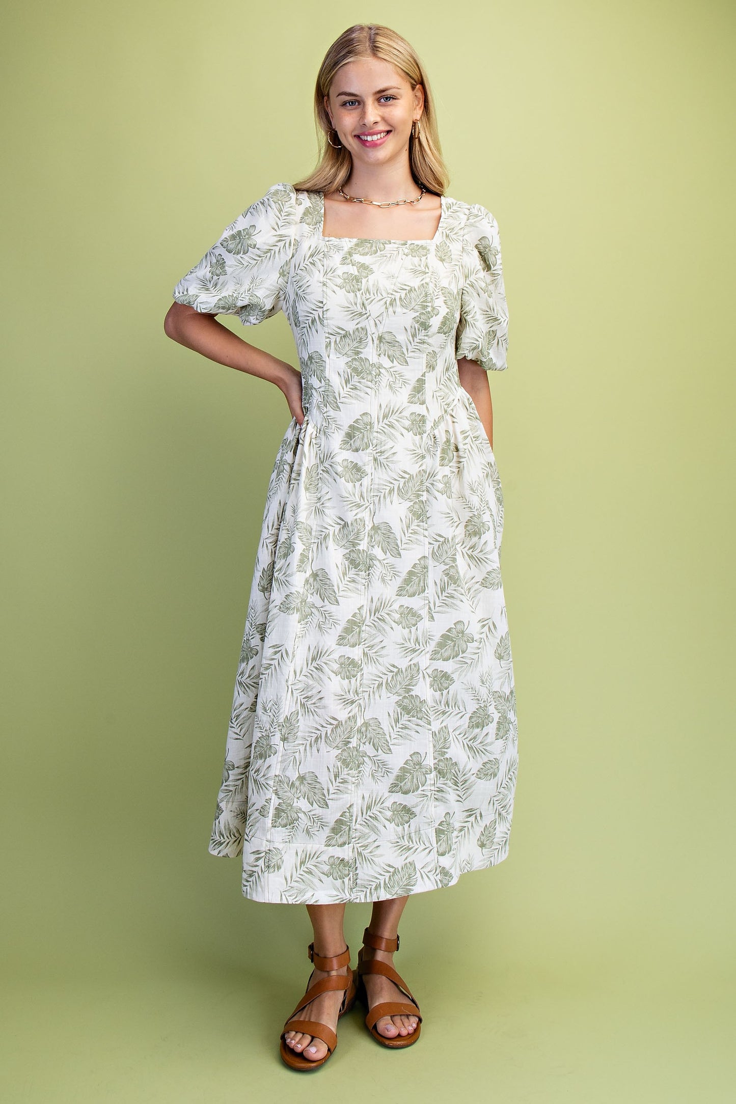Palm Print Square Neck Midi Dress Green