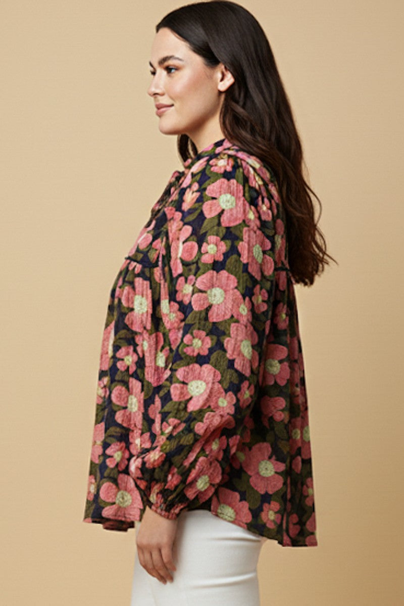 Plus Contrast Piped Tie Neck Floral Top