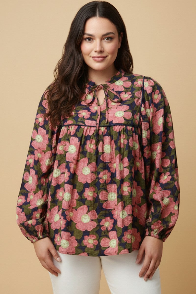 Plus Contrast Piped Tie Neck Floral Top