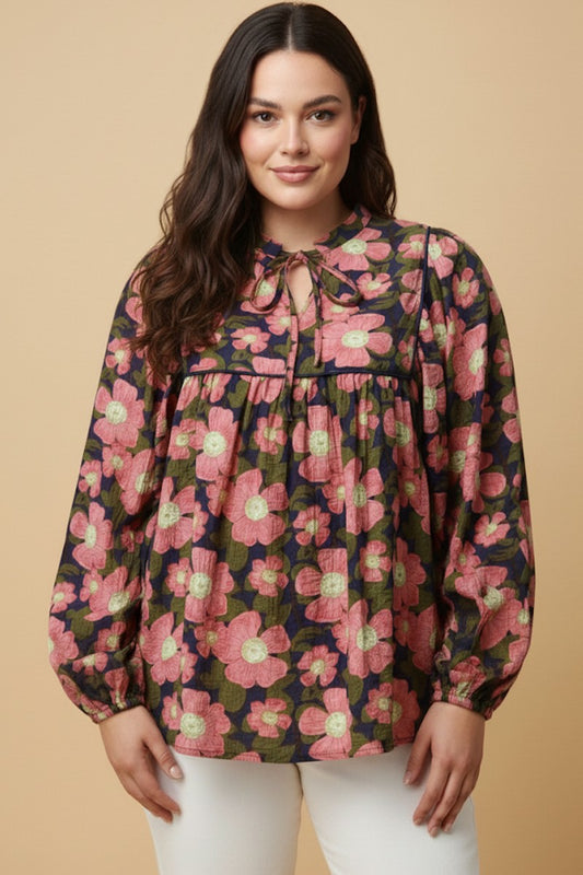 Plus Contrast Piped Tie Neck Floral Top