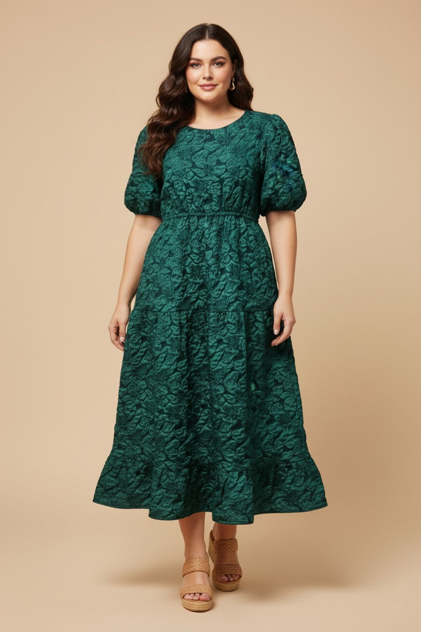 Plus Puff Sleeve Floral Jacquard Midi Dress