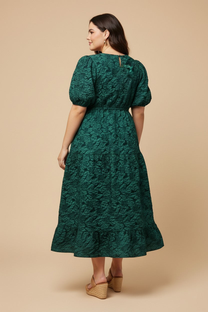 Plus Puff Sleeve Floral Jacquard Midi Dress