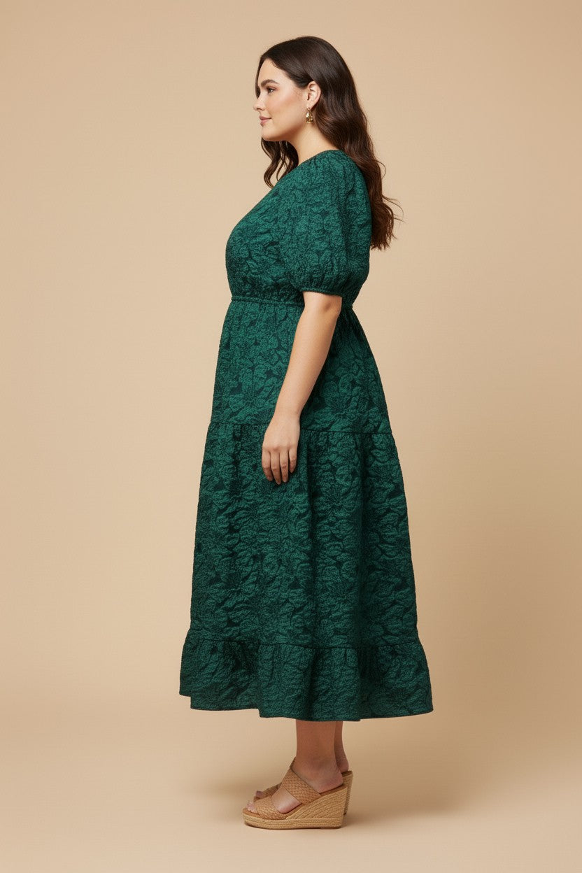 Plus Puff Sleeve Floral Jacquard Midi Dress