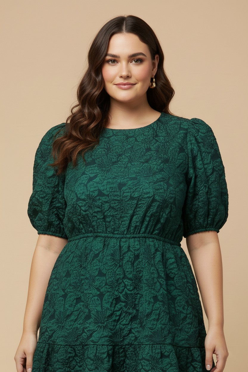 Plus Puff Sleeve Floral Jacquard Midi Dress