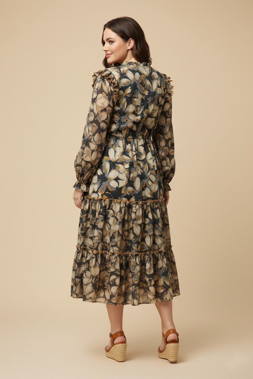 Plus Contrast Ruffle Neck Floral Tiered Dress