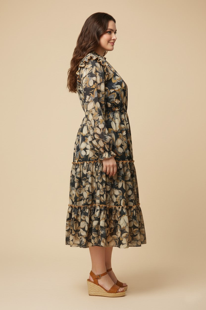 Plus Contrast Ruffle Neck Floral Tiered Dress