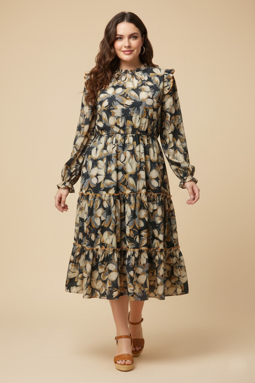 Plus Contrast Ruffle Neck Floral Tiered Dress