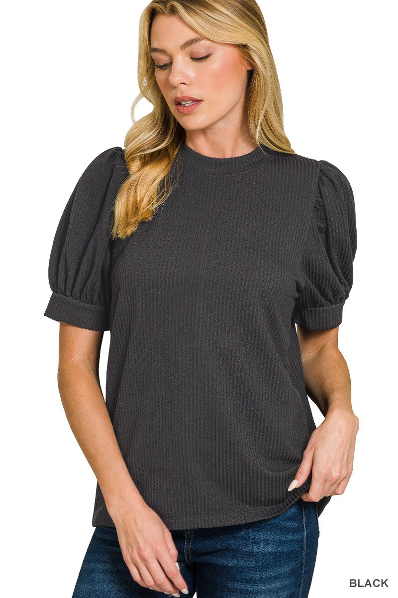Raised Rib Puff Sleeve Top