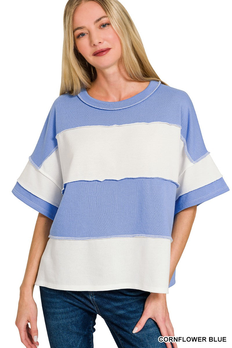 French Terry Color Block Exposed Seam Top