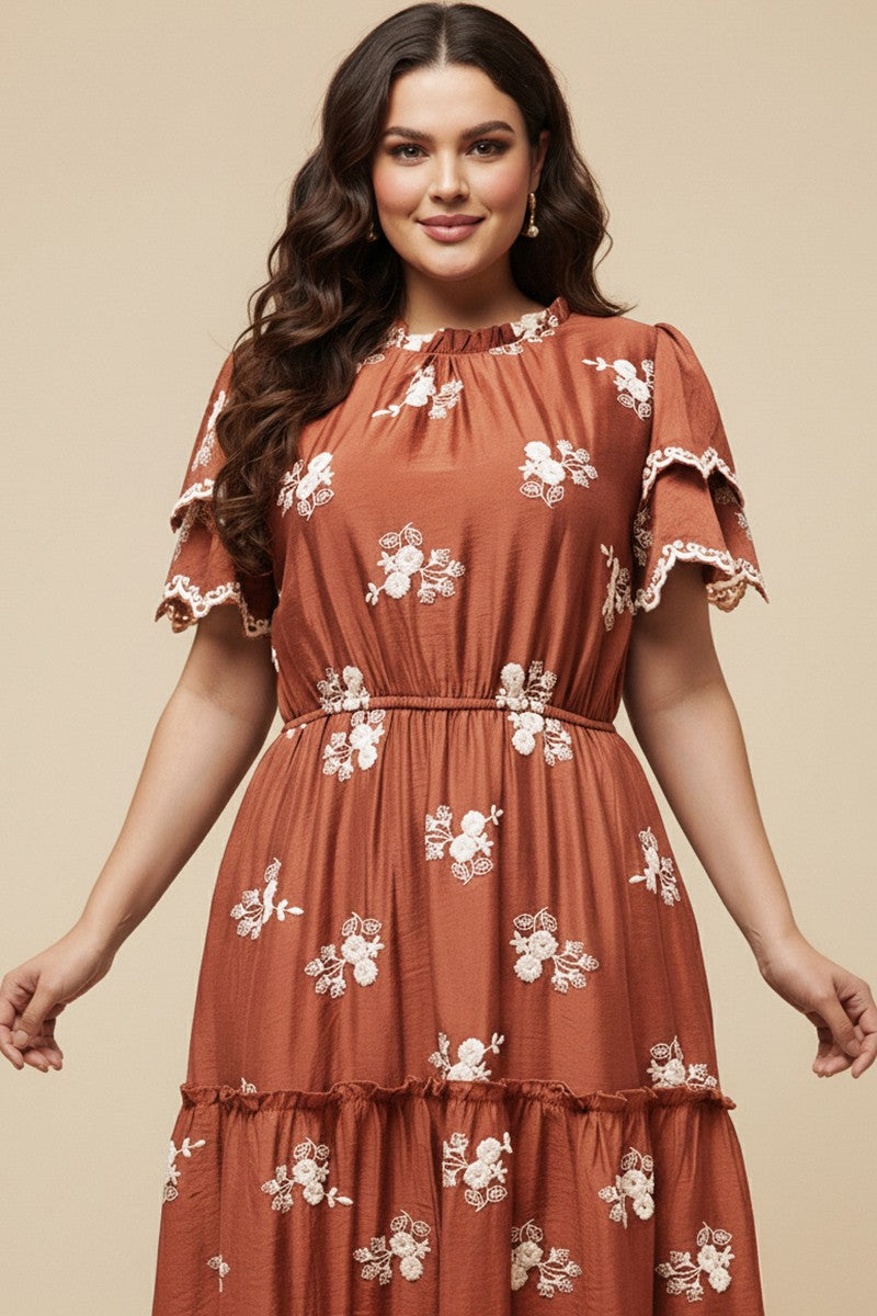 Plus Floral Embroidered Scallop Sleeve Dress