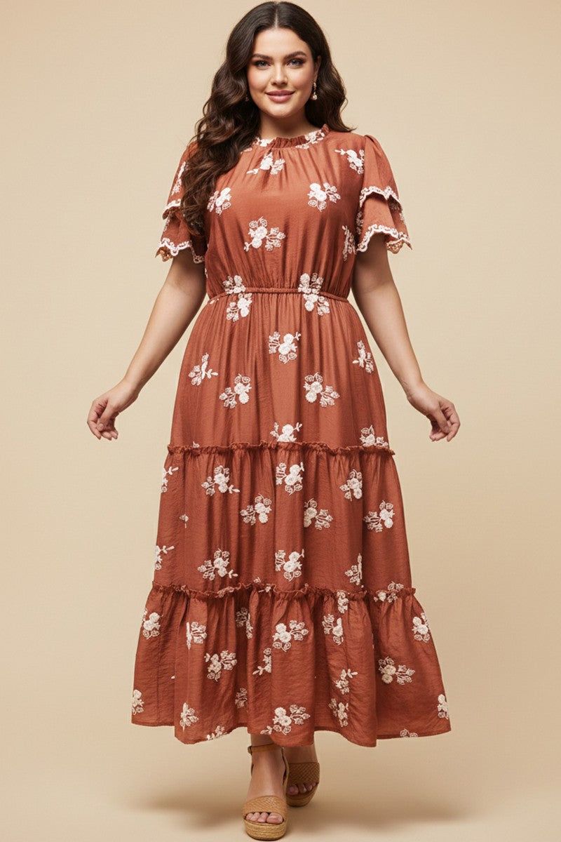 Plus Floral Embroidered Scallop Sleeve Dress