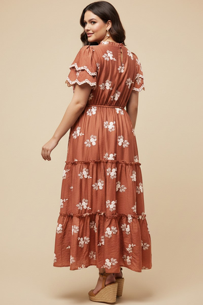Plus Floral Embroidered Scallop Sleeve Dress