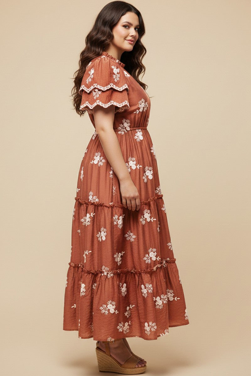 Plus Floral Embroidered Scallop Sleeve Dress