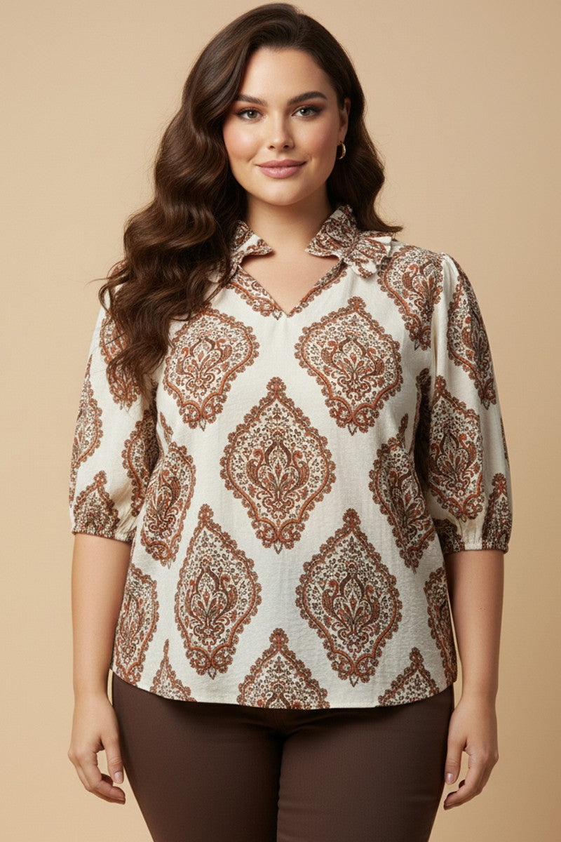 Plus Exaggerated Ruffle Collar Block Print Top