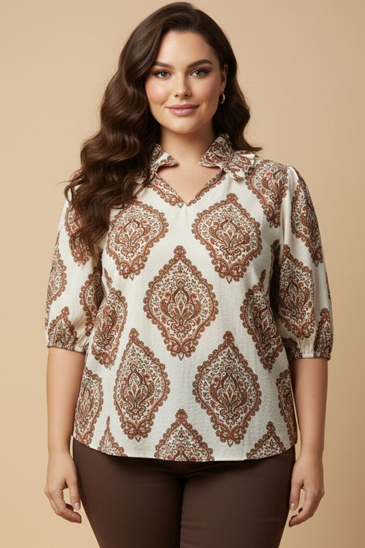 Plus Exaggerated Ruffle Collar Block Print Top