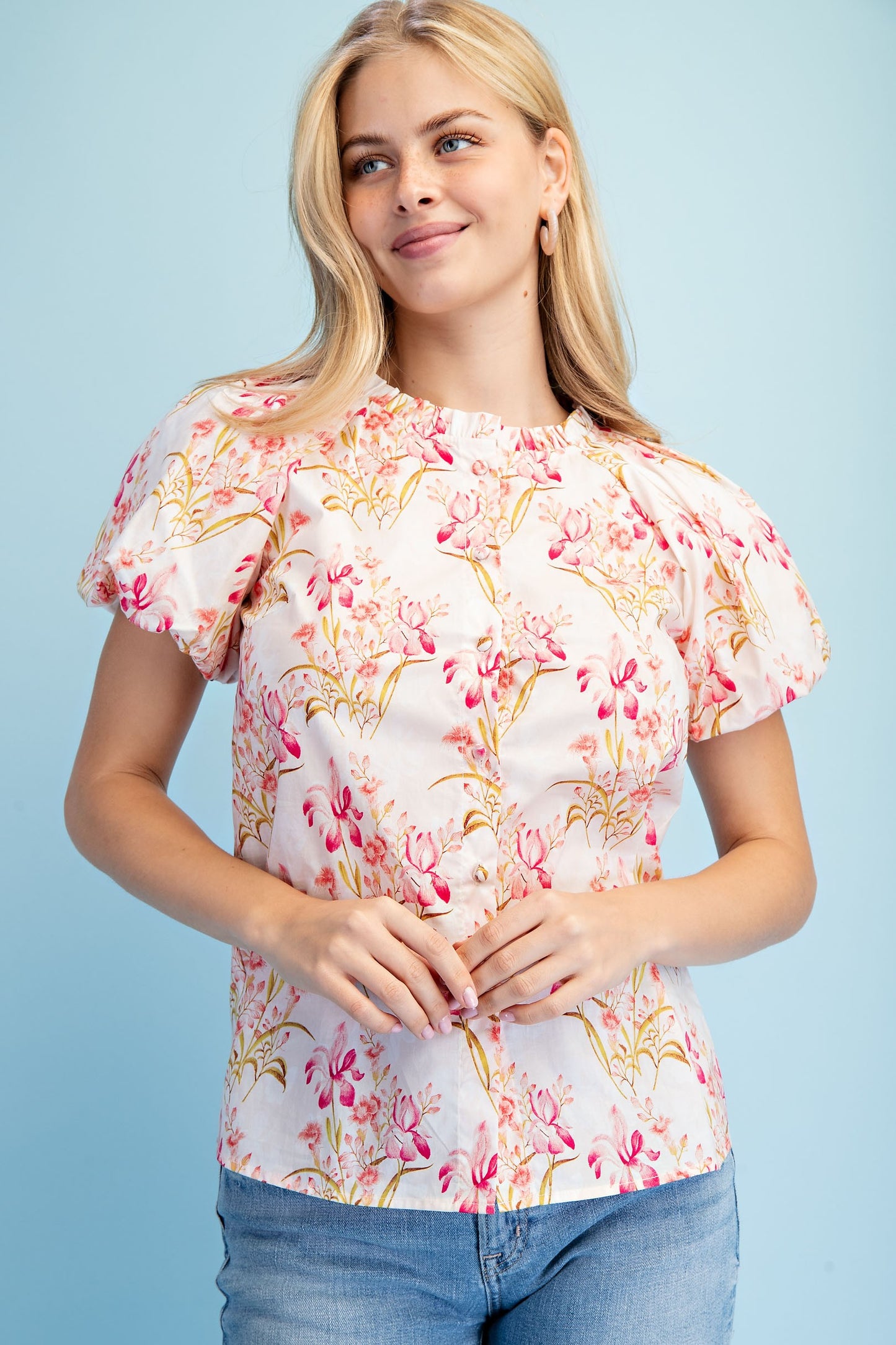 Floral Print Button Down Blouse Berry Mix