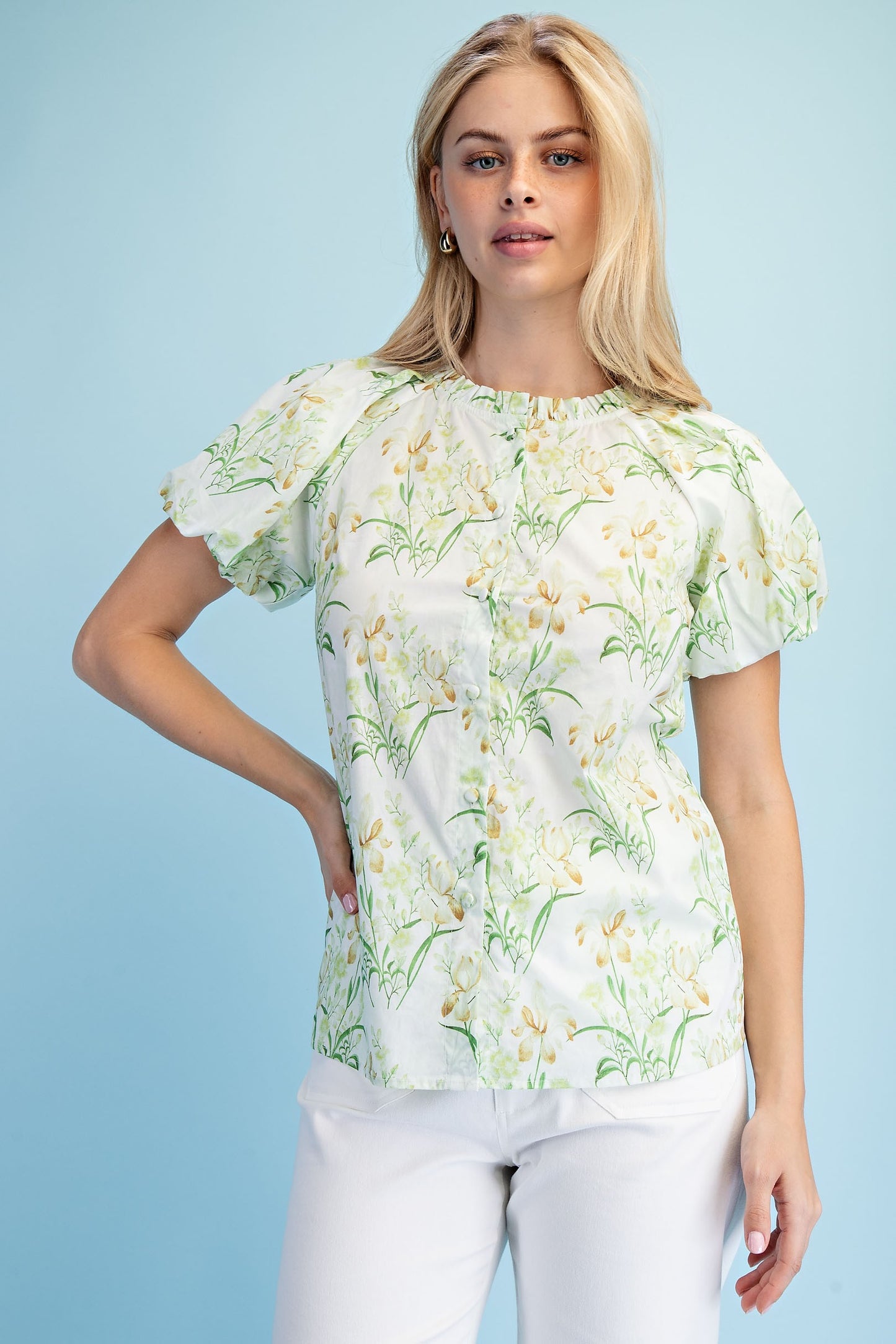 Floral Print Button Down Blouse Green Mix