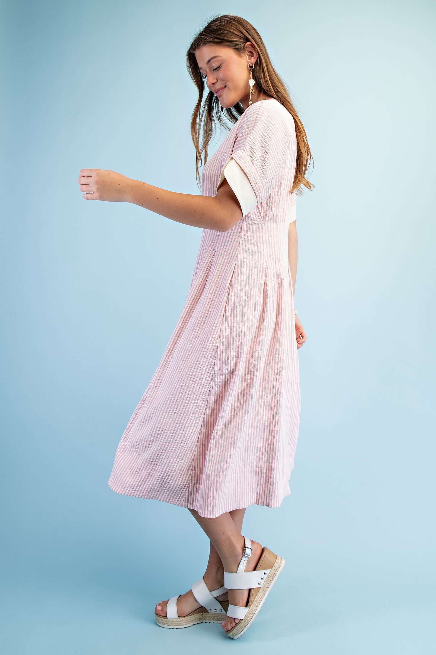 Lightly Textured Striped Dolman Sleeve Midi Dress
