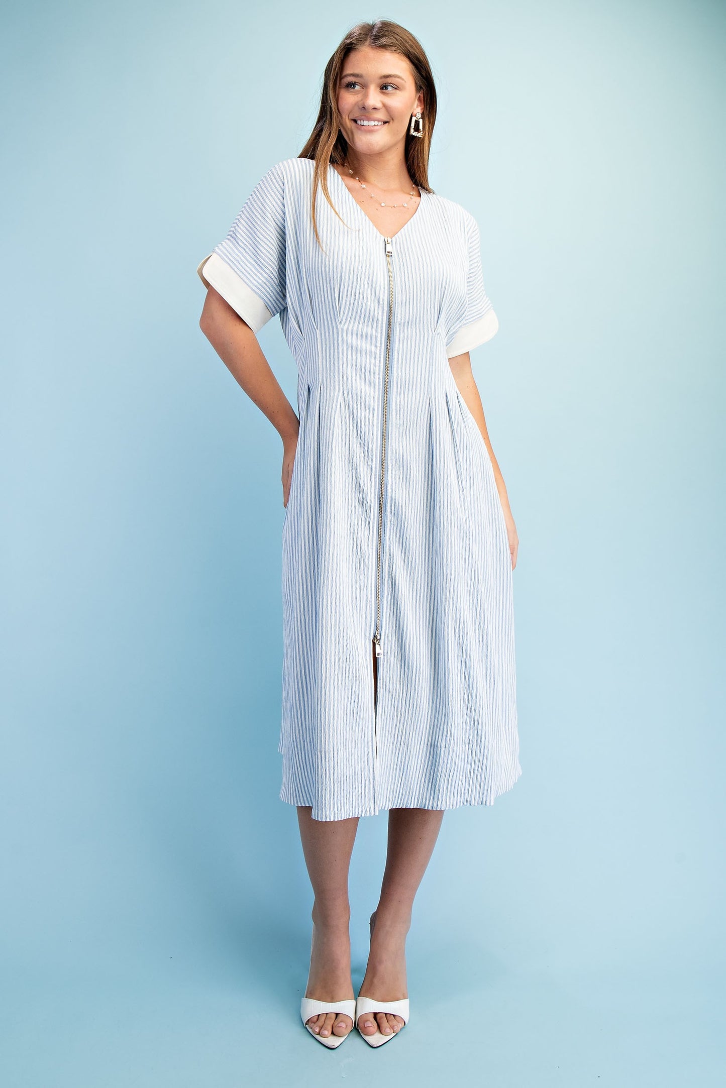 Lightly Textured Striped Dolman Sleeve Midi Dress