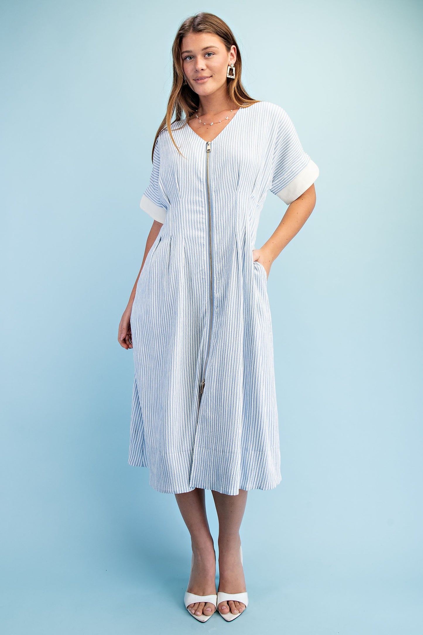 Lightly Textured Striped Dolman Sleeve Midi Dress