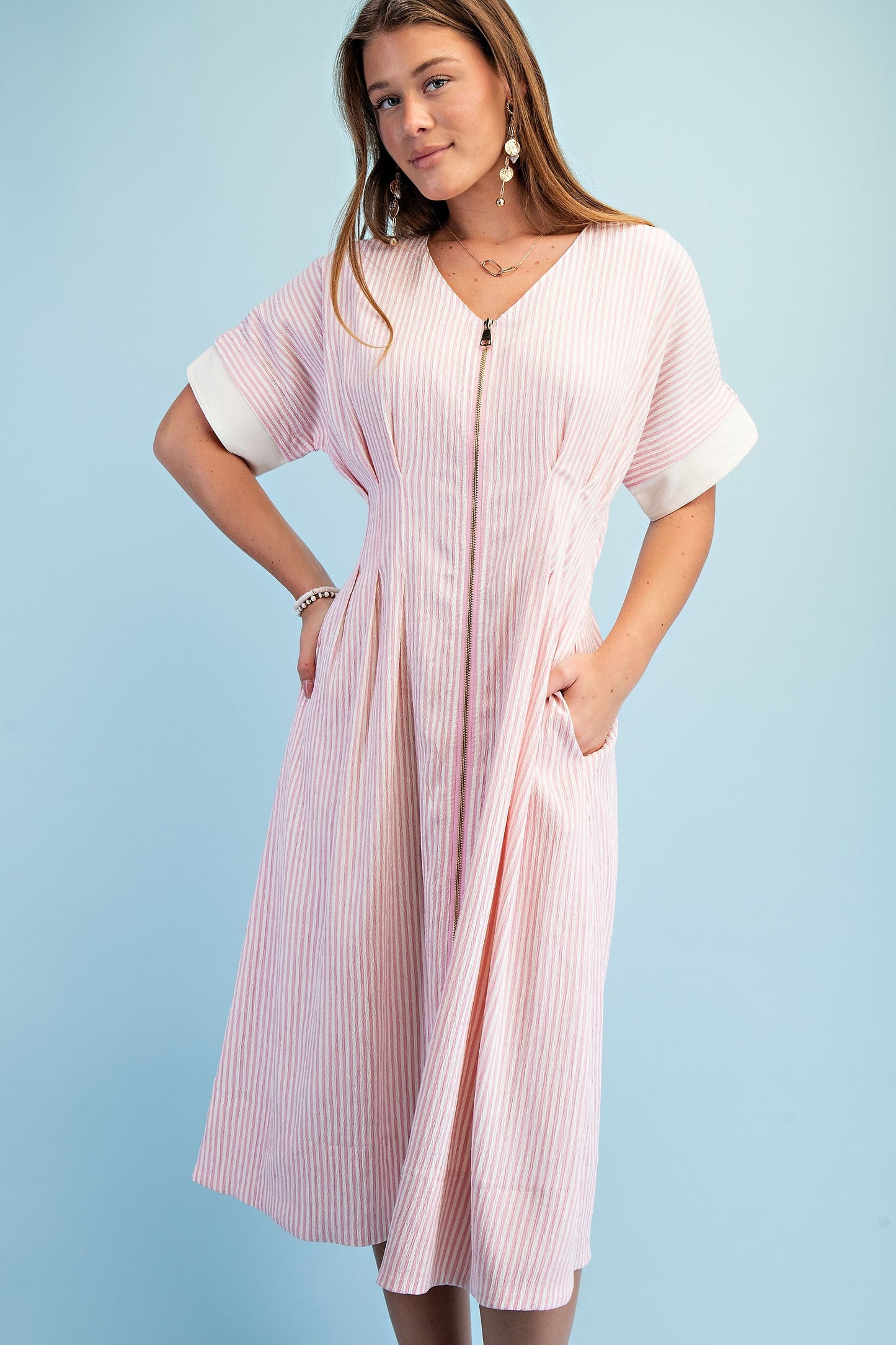 Lightly Textured Striped Dolman Sleeve Midi Dress