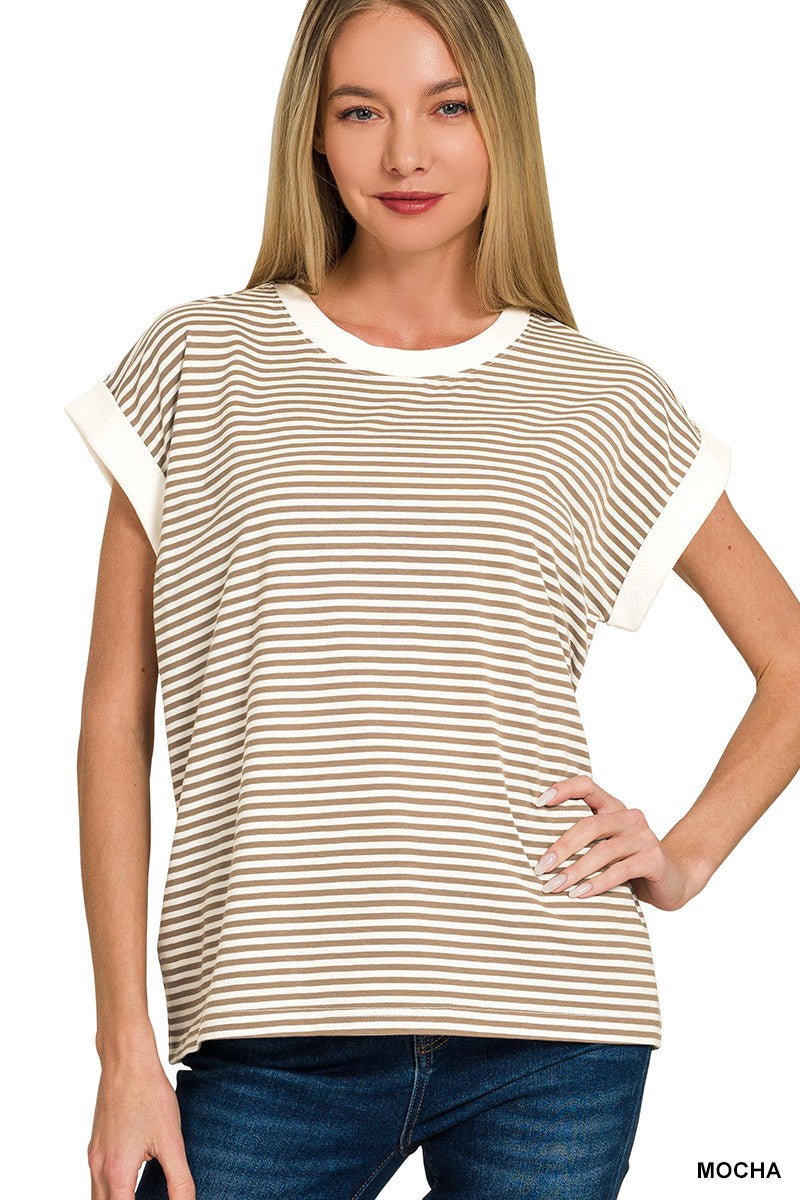 Stripe Contrast Trim Rib Banded Top