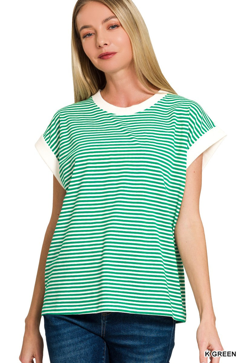 Stripe Contrast Trim Rib Banded Top