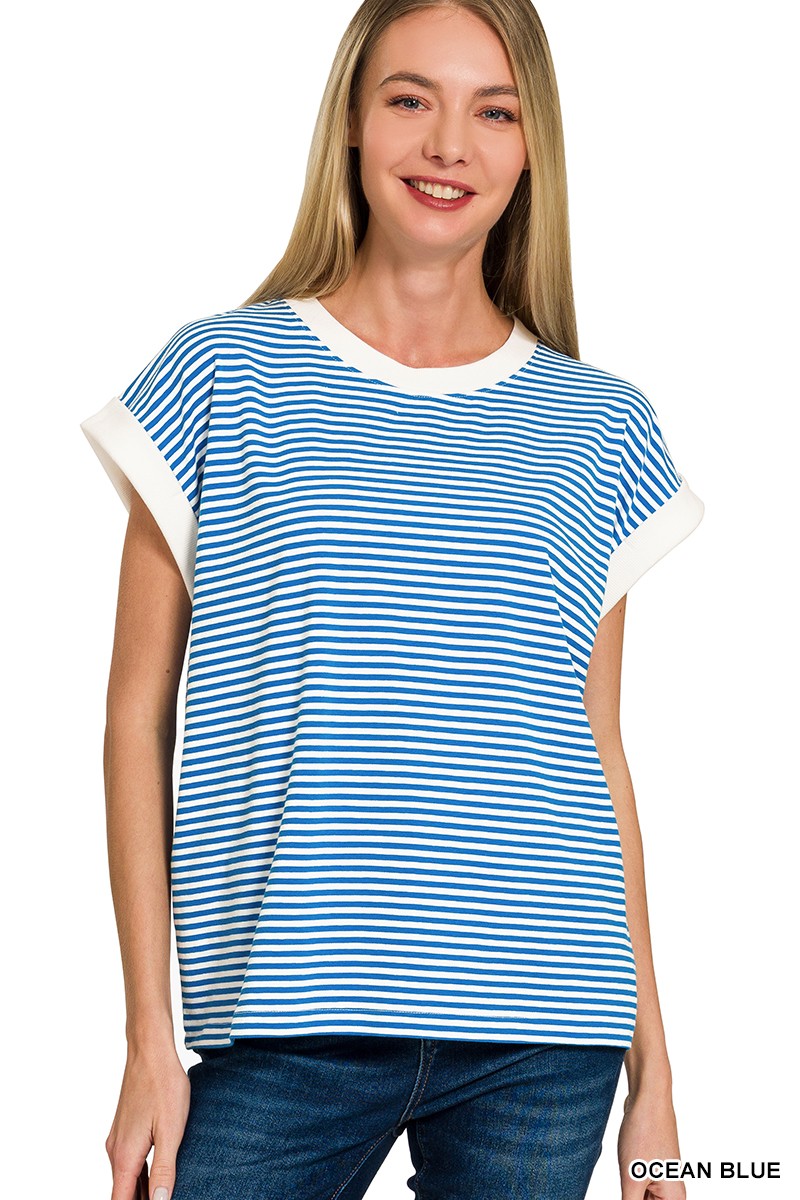 Stripe Contrast Trim Rib Banded Top
