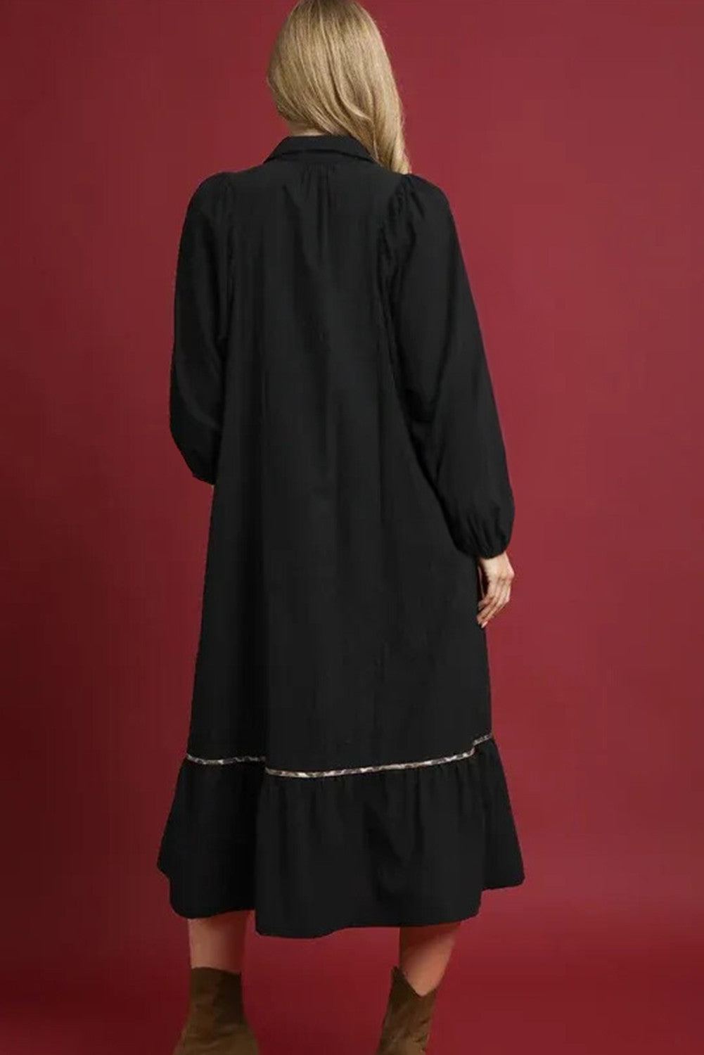 Black Collared V Neck Smocked Detail Contrast Leopard Trim Bracelet Sleeve Long Dress