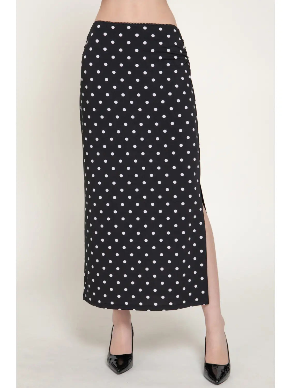 Lace Trim Dot Printed Knit Long Skirt