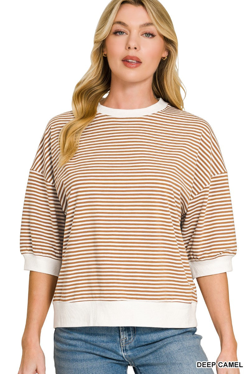 Striped Contrast Trim Rib Banded Top