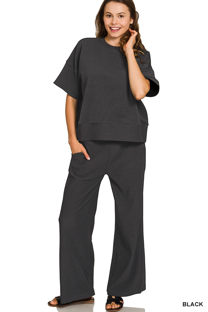 Ribbed Round Neck Tee & Pants Set