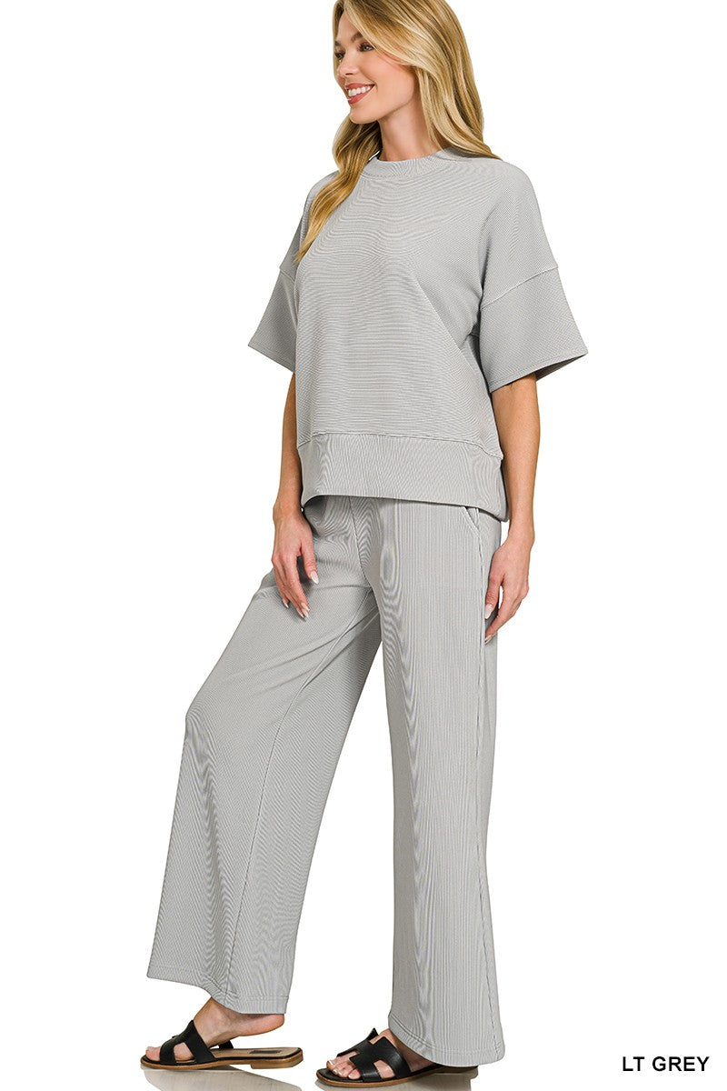 Ribbed Round Neck Tee & Pants Set