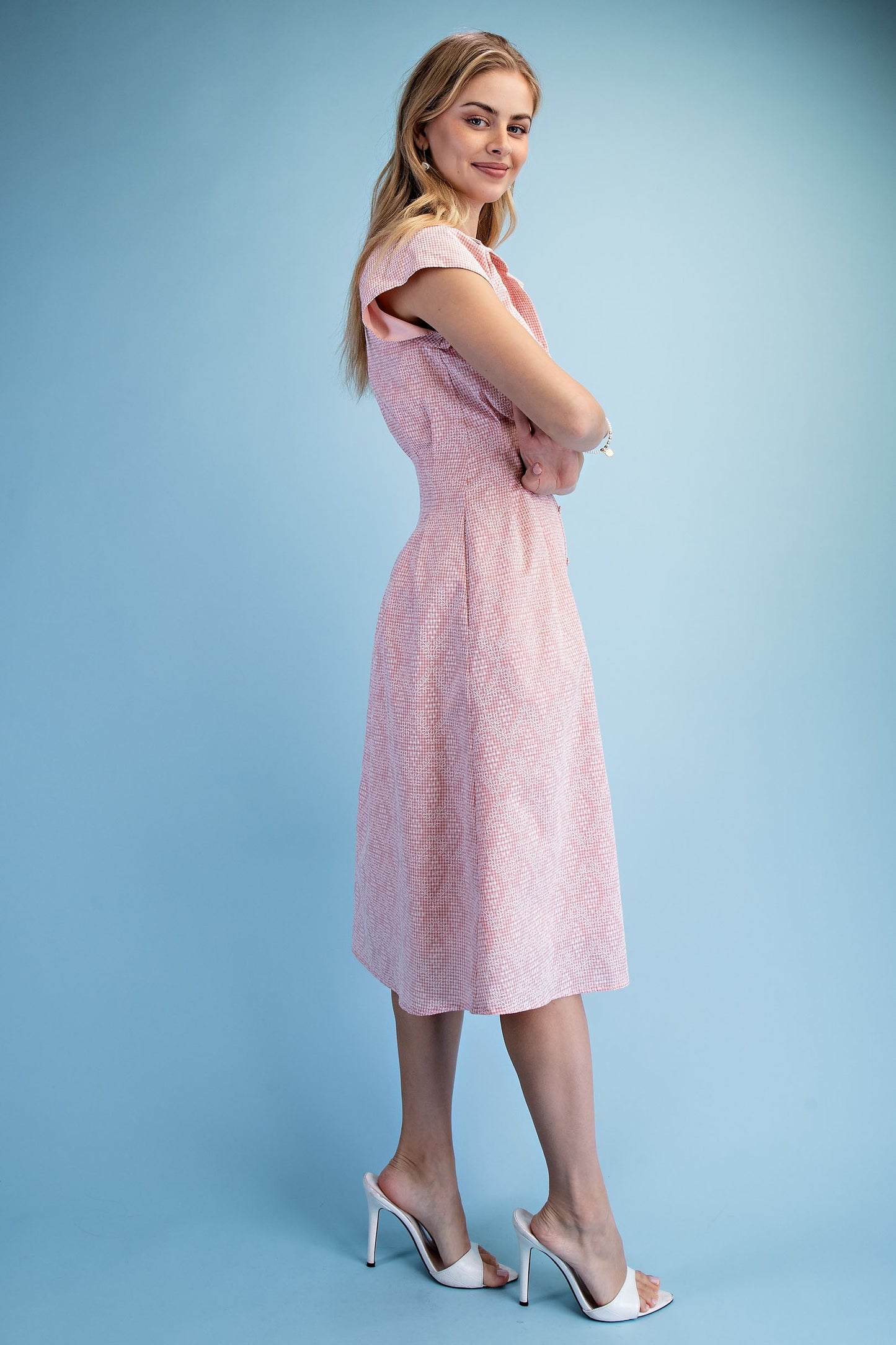 Floral Gingham Print Cap Sleeve Midi Shirt Dress
