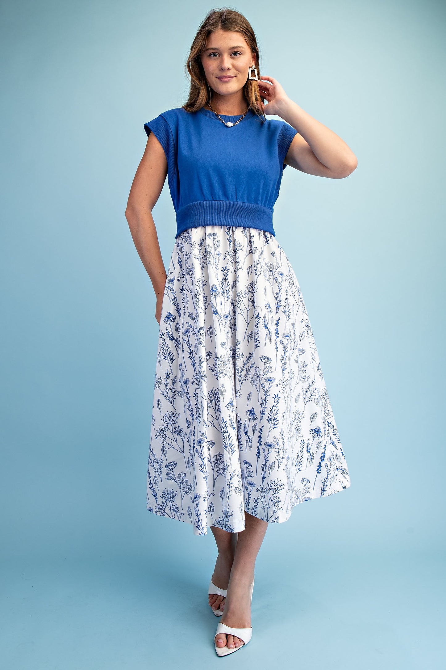 Sweatshirt And Floral Print Illusion Midi Dress
