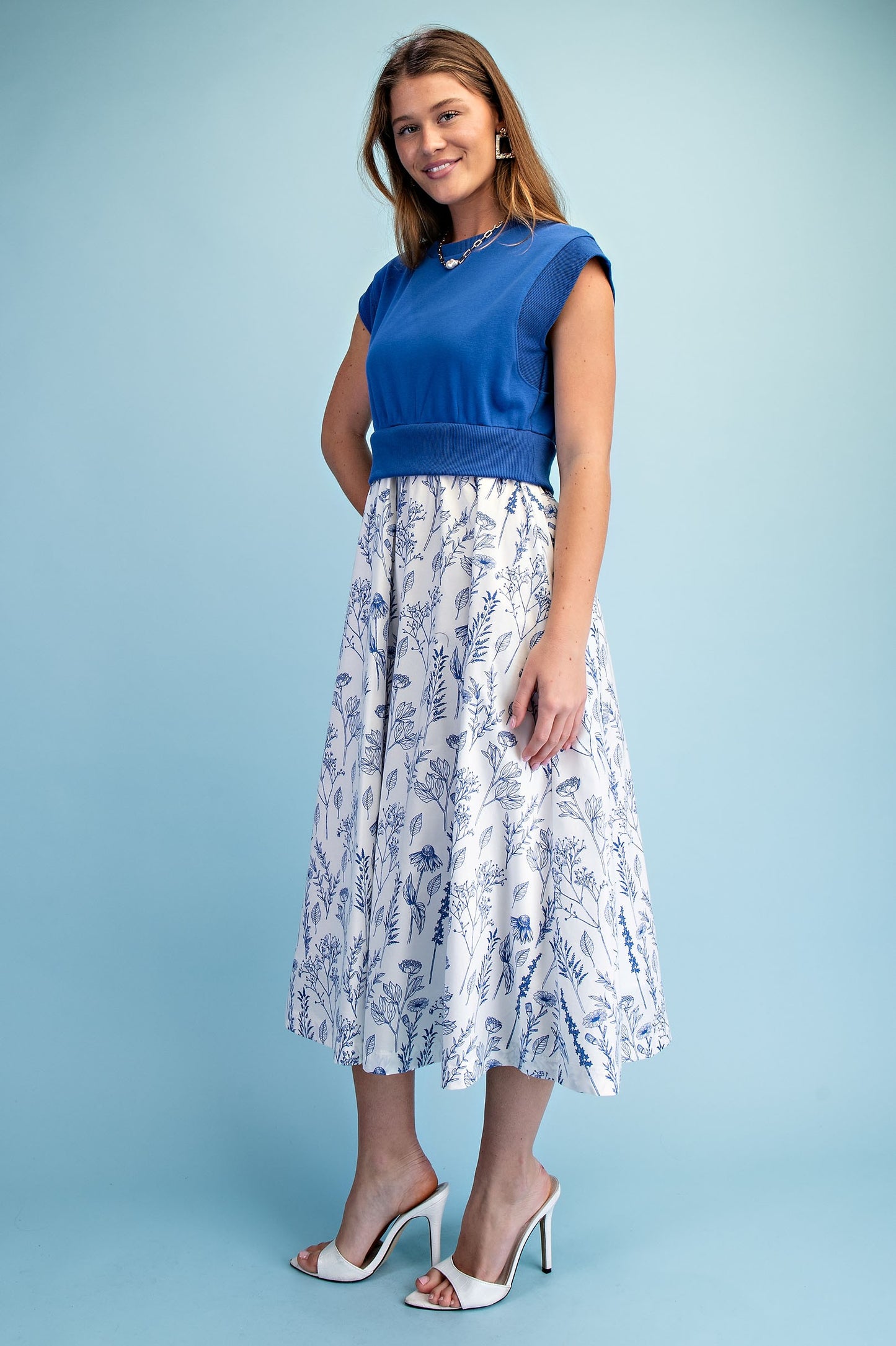 Sweatshirt And Floral Print Illusion Midi Dress