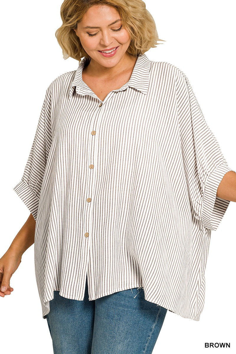 Plus Woven Stripe Button Down Boxy Top
