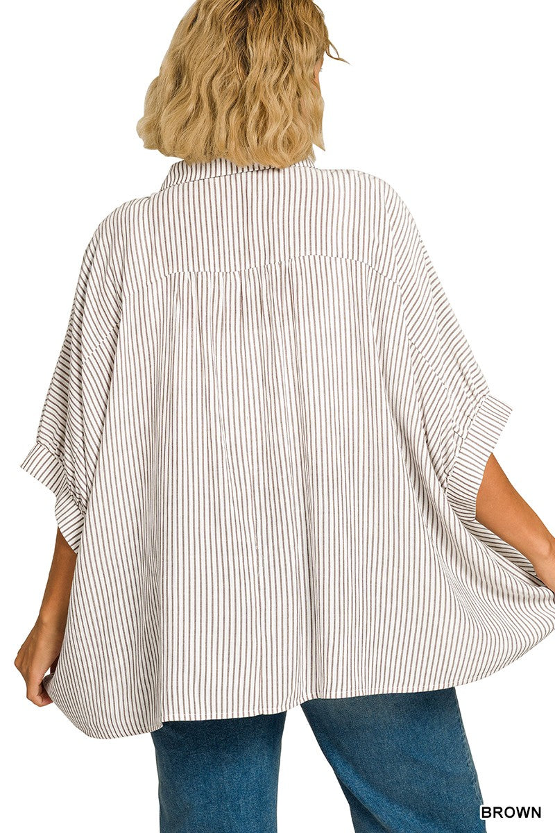 Plus Woven Stripe Button Down Boxy Top
