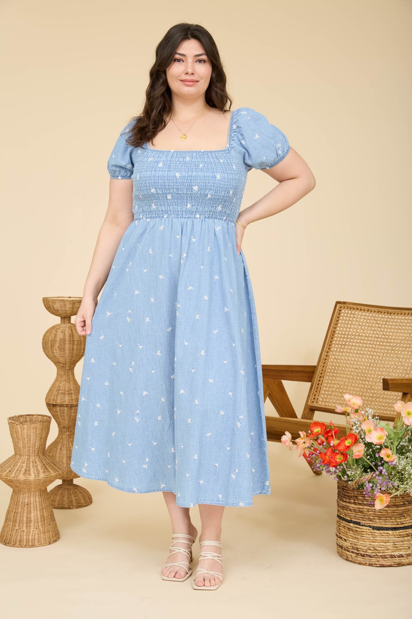 Plus Floral Embroidery Smocked Denim Midi Dress