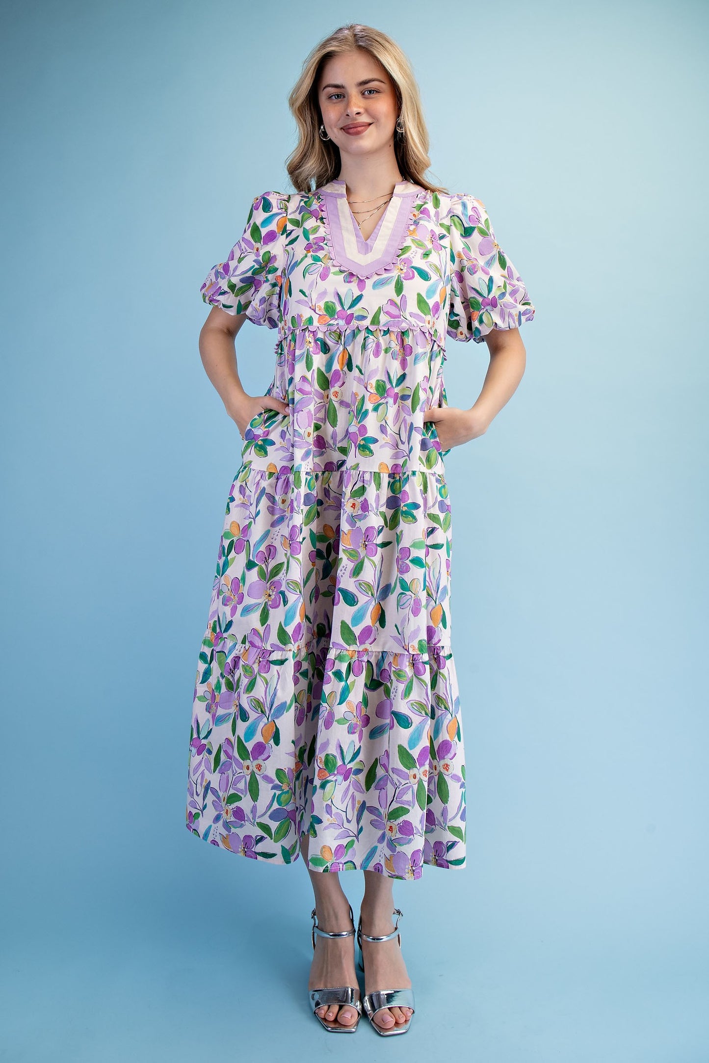 Floral Print Tiered Midi Dress Purple