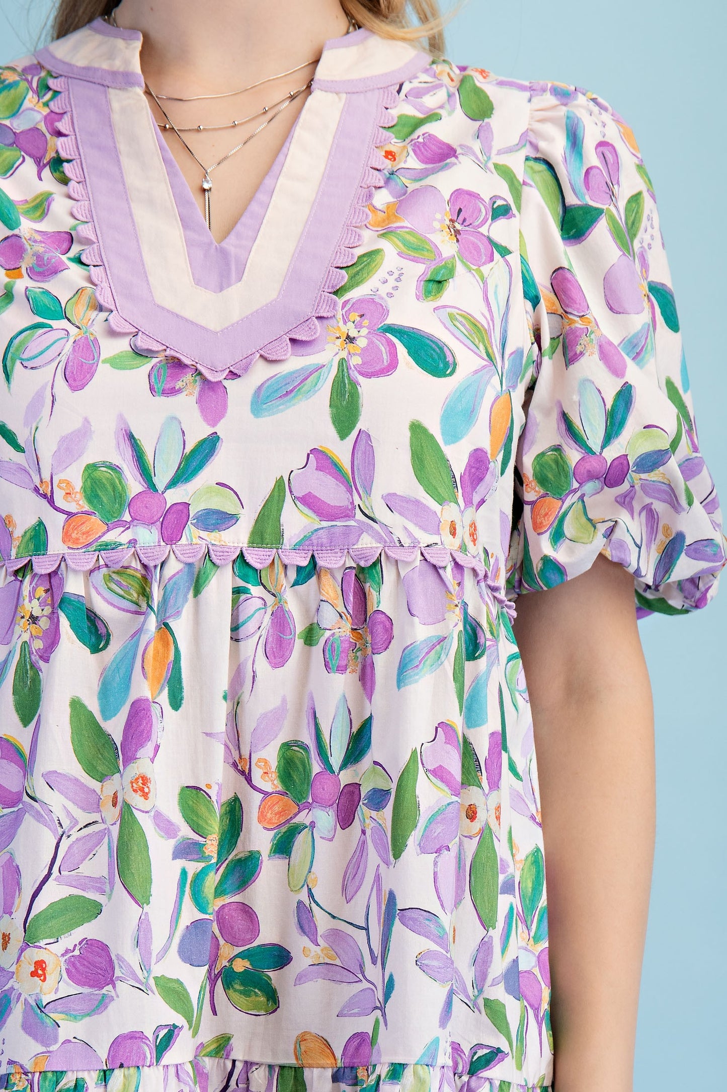 Floral Print Tiered Midi Dress Purple