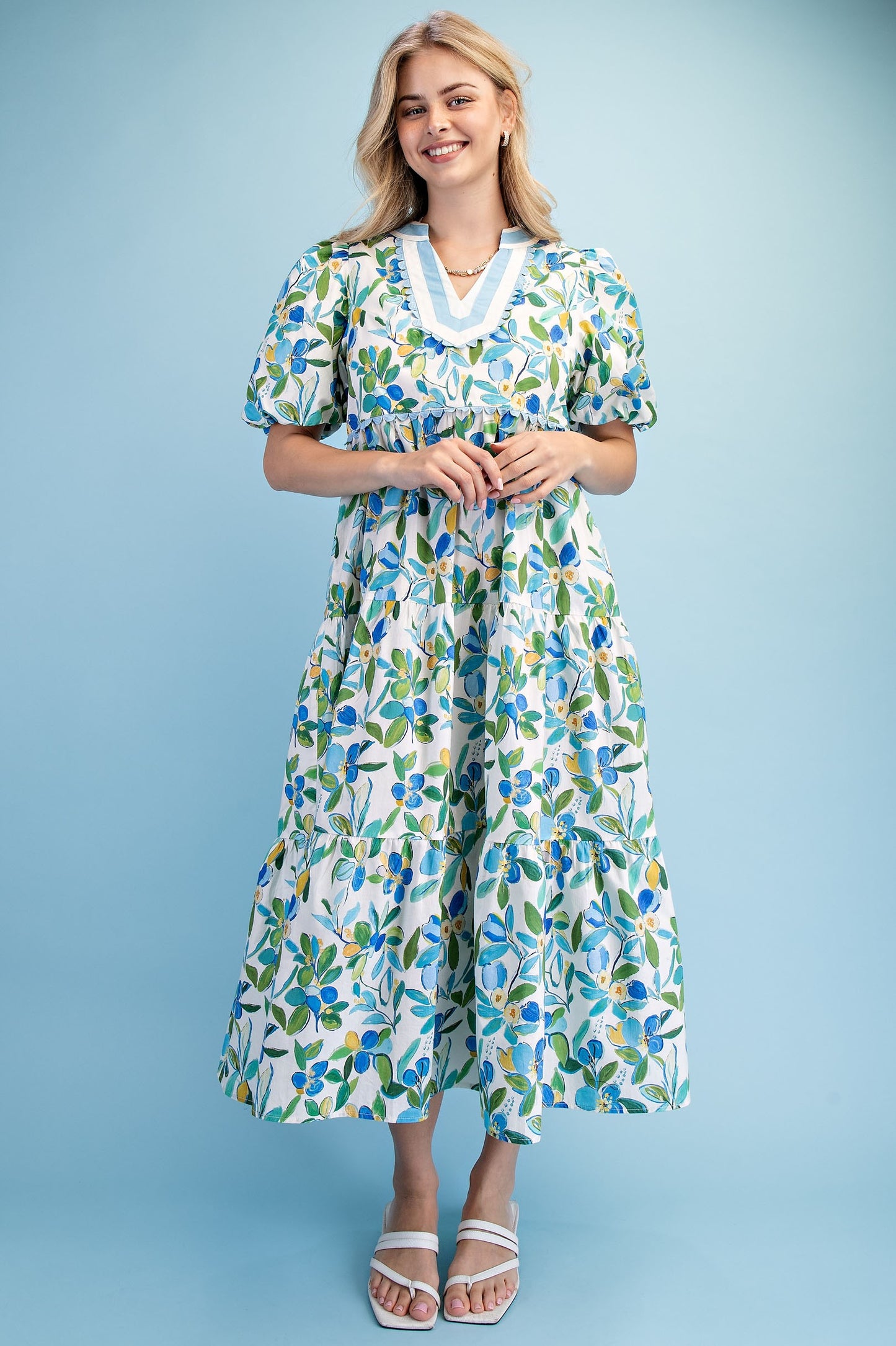 Floral Print Tiered Midi Dress blue
